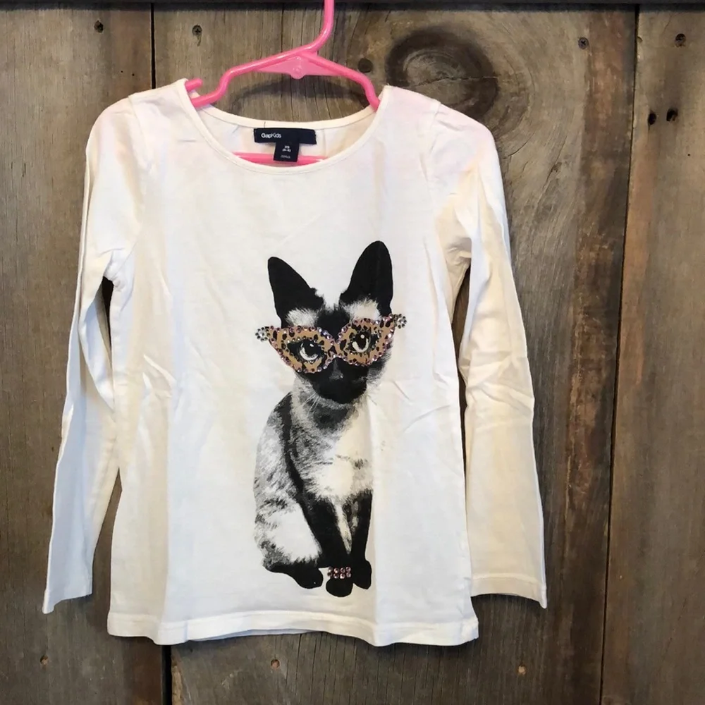 2011 GapKids Cream Cat Graphic Long Sleeve Top Jewels Size XS 4 5 Girls